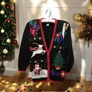 Vtg Cotton Collectibles Christmas Cardigan Black Sweater Women Size M Tree Santa